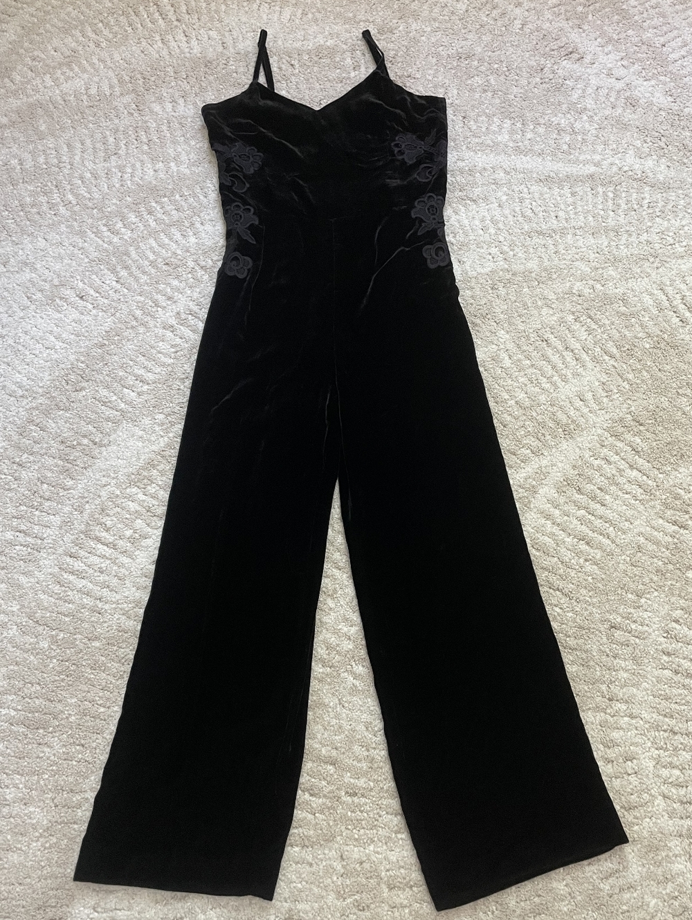 Sandro Black Velvet Sleeveless Jumpsuit with Floral Side Detail Size 6 - Picture 5 of 15